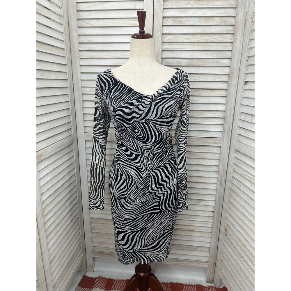 Reiss Dress Size 6 Black Beige Zebra Print Y2K Mob Wife Stretchy Bodycon Work